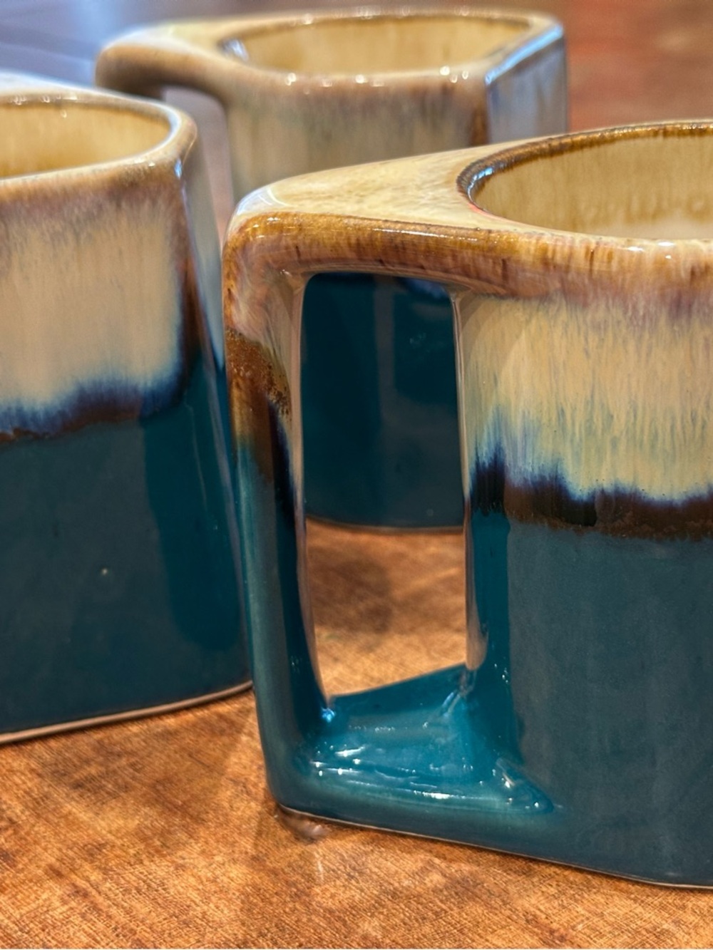 Vintage Ravello Stoneware Mug Set of 3-Teal Drip Glaze- circa 1975-1985